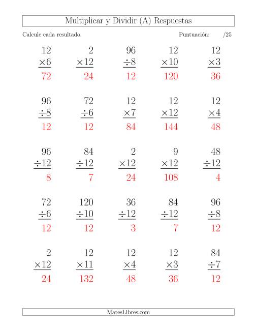 La hoja de ejercicios de Multiplicar y Dividir por 12, Formato Grande, 25 Ejercicios por Página (A) Página 2