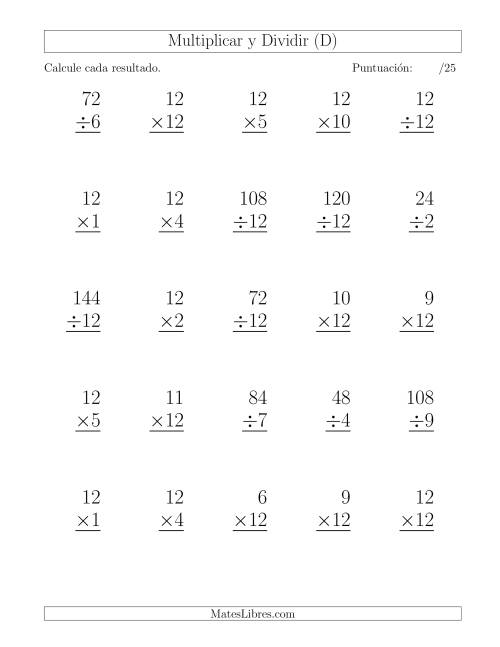 La hoja de ejercicios de Multiplicar y Dividir por 12, Formato Grande, 25 Ejercicios por Página (D)