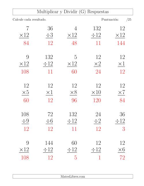 La hoja de ejercicios de Multiplicar y Dividir por 12, Formato Grande, 25 Ejercicios por Página (G) Página 2