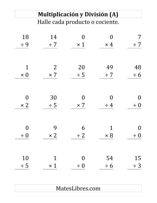 La hoja de ejercicios de 25 Ejercicios de Multiplicación y División (de 0 a 9) (A)
