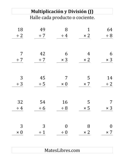 La hoja de ejercicios de 25 Ejercicios de Multiplicación y División (de 0 a 9) (J)