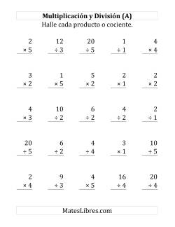 25 Ejercicios de Multiplicación y División (de 1 a 5)