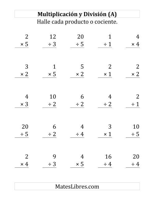 La hoja de ejercicios de 25 Ejercicios de Multiplicación y División (de 1 a 5) (A)