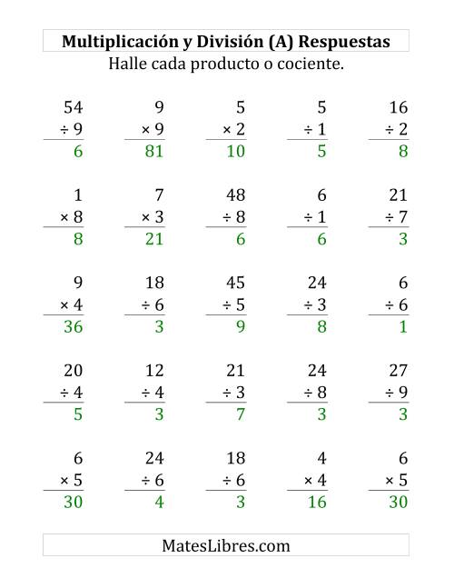La hoja de ejercicios de 25 Ejercicios de Multiplicación y División (de 1 a 9) (A) Página 2
