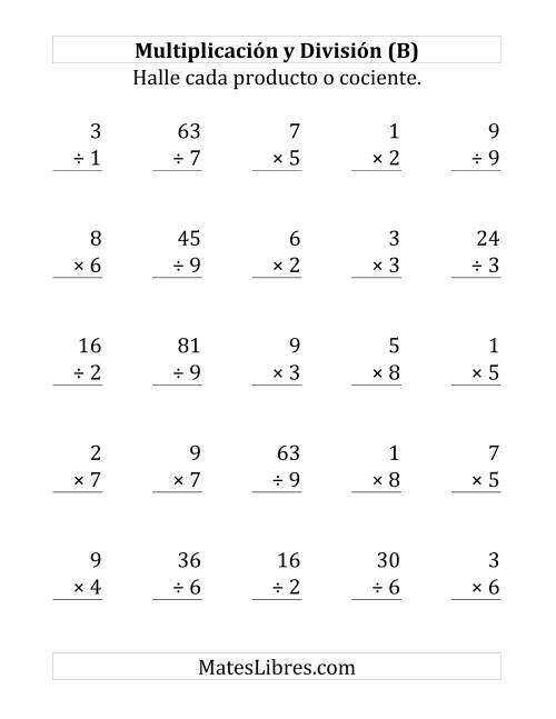 La hoja de ejercicios de 25 Ejercicios de Multiplicación y División (de 1 a 9) (B)