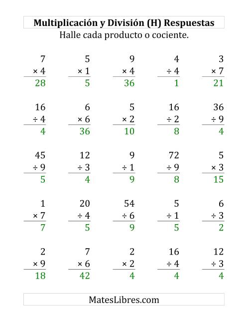 La hoja de ejercicios de 25 Ejercicios de Multiplicación y División (de 1 a 9) (H) Página 2