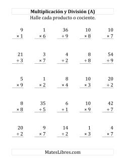 25 Ejercicios de Multiplicación y División (de 1 a 10)