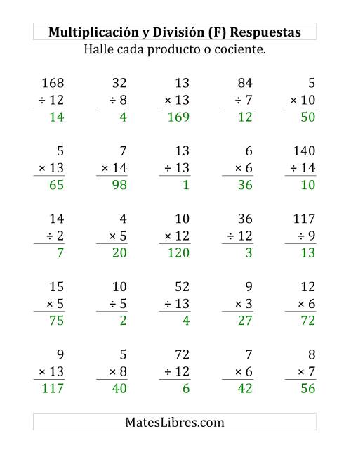 La hoja de ejercicios de 25 Ejercicios de Multiplicación y División (de 1 a 15) (F) Página 2