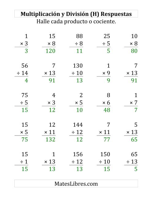 La hoja de ejercicios de 25 Ejercicios de Multiplicación y División (de 1 a 15) (H) Página 2