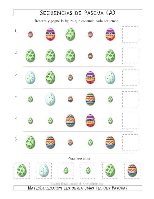 La hoja de ejercicios de Secuencias de Imágenes de Huevos de Pascuas Cambiando los Atributos Forma y Tamaño (A)