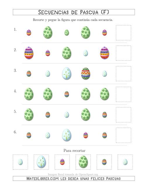 La hoja de ejercicios de Secuencias de Imágenes de Huevos de Pascuas Cambiando los Atributos Forma y Tamaño (F)