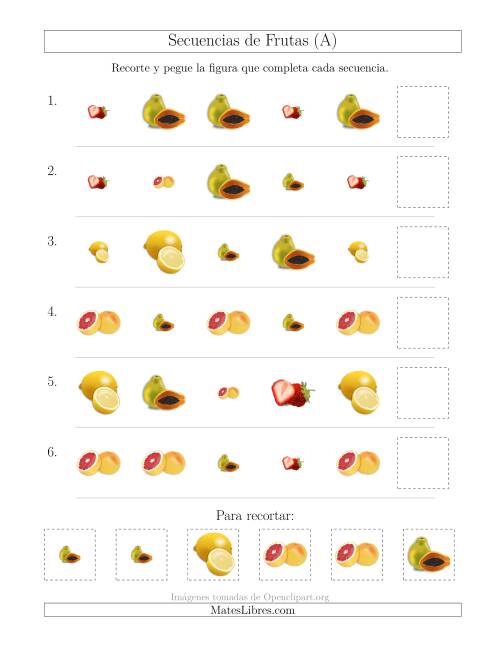 La hoja de ejercicios de Secuencias de Imágenes de Frutas Cambiando los Atributos Forma y Tamaño (A)