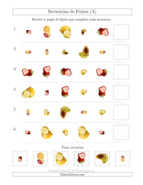 La hoja de ejercicios de Secuencias de Imágenes de Frutas Cambiando los Atributos Forma, Tamaño y Rotación (A)