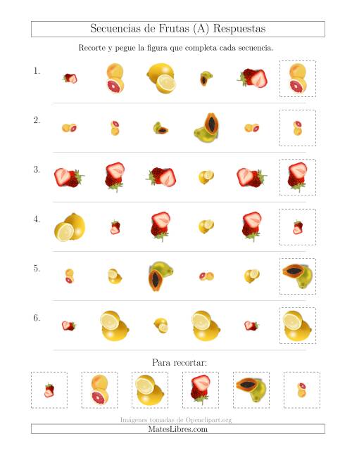La hoja de ejercicios de Secuencias de Imágenes de Frutas Cambiando los Atributos Forma, Tamaño y Rotación (A) Página 2