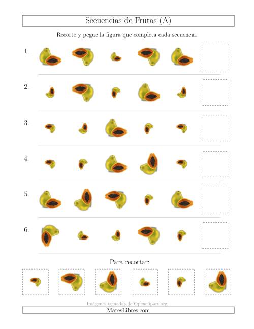 La hoja de ejercicios de Secuencias de Imágenes de Frutas Cambiando los Atributos Tamaño y Rotación (A)