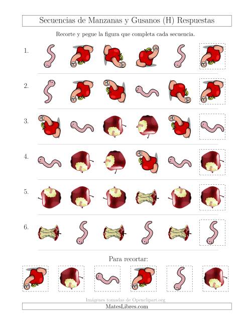 La hoja de ejercicios de Secuencias de Imágenes de Manzanas y Gusanos Cambiando los Atributos Forma y Rotación (H) Página 2