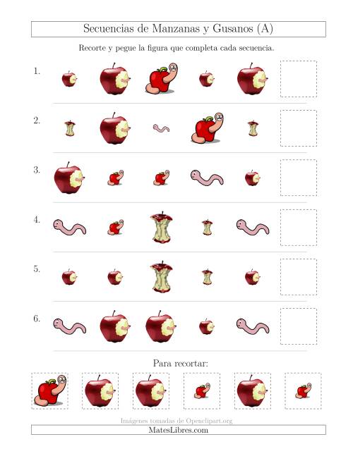 La hoja de ejercicios de Secuencias de Imágenes de Manzanas y Gusanos Cambiando los Atributos Forma y Tamaño (A)
