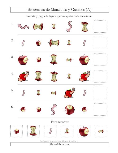 La hoja de ejercicios de Secuencias de Imágenes de Manzanas y Gusanos Cambiando los Atributos Forma, Tamaño y Rotación (A)