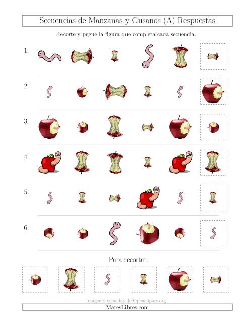 La hoja de ejercicios de Secuencias de Imágenes de Manzanas y Gusanos Cambiando los Atributos Forma, Tamaño y Rotación (A) Página 2
