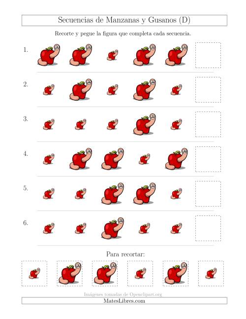 La hoja de ejercicios de Secuencias de Imágenes de Manzanas y Gusanos Cambiando el Atributo Tamaño (D)