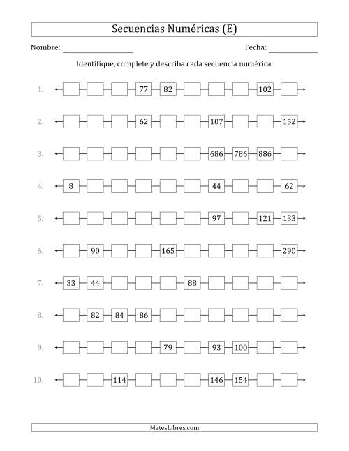 La hoja de ejercicios de Identificar, Continuar y Describir Secuencias Numéricas Crecientes (se muestran 3 números al azar) (E)