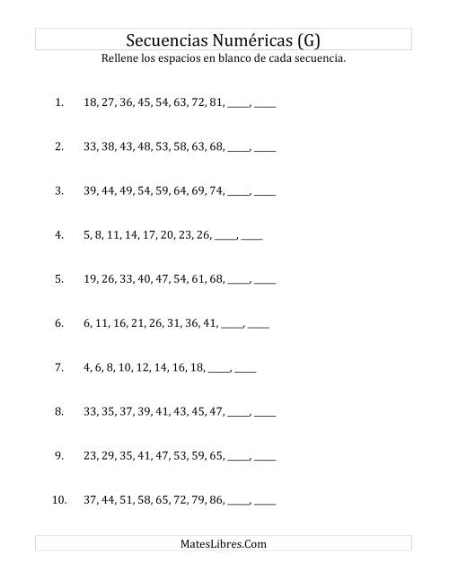 La hoja de ejercicios de Secuencias Numéricas Crecientes (Sencillas) (G)