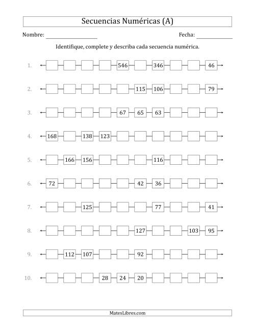 La hoja de ejercicios de Identificar, Continuar y Describir Secuencias Numéricas Decrecientes (se muestran 3 números al azar) (Todas)