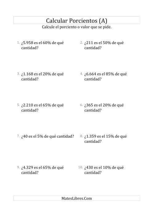 La hoja de ejercicios de Calcular la Cantidad Original (Enteros, Incrementos de 5%) (A)