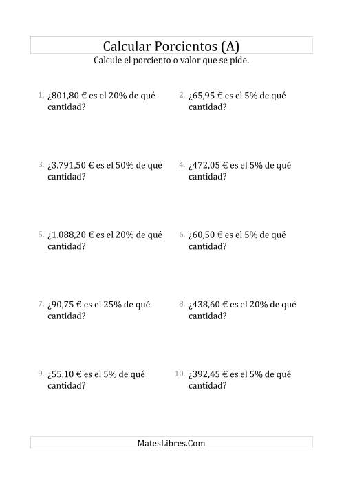 La hoja de ejercicios de Calcular la Cantidad Original de Dinero (Decimales, Incrementos de Porcientos Selectos) (Todas)