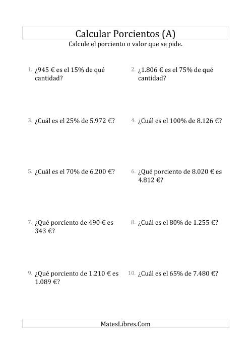 La hoja de ejercicios de Cálculos Mixtos de Porcientos con Dinero (Enteros, Incrementos de 5%) (A)