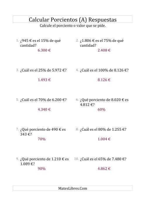 La hoja de ejercicios de Cálculos Mixtos de Porcientos con Dinero (Enteros, Incrementos de 5%) (A) Página 2