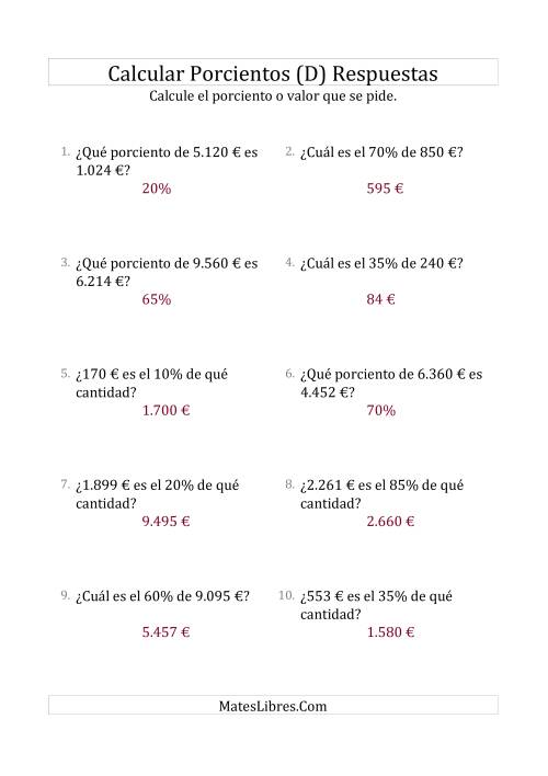 La hoja de ejercicios de Cálculos Mixtos de Porcientos con Dinero (Enteros, Incrementos de 5%) (D) Página 2