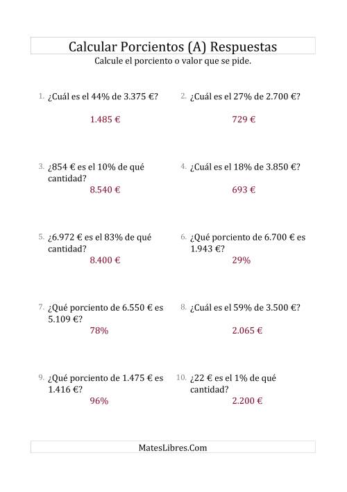 La hoja de ejercicios de Cálculos Mixtos de Porcientos con Dinero (Enteros, Incrementos entre 1% y 99%) (A) Página 2