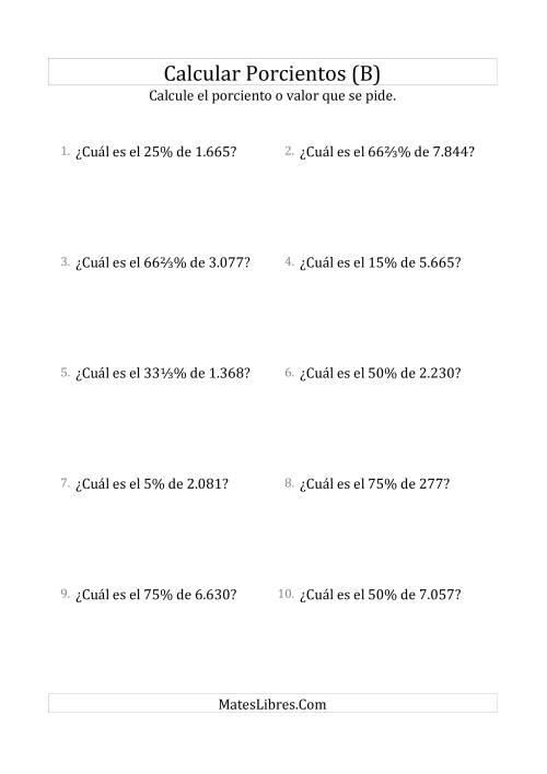 La hoja de ejercicios de Calcular el Porciento (Decimales, Incrementos de Porcientos Selectos) (B)