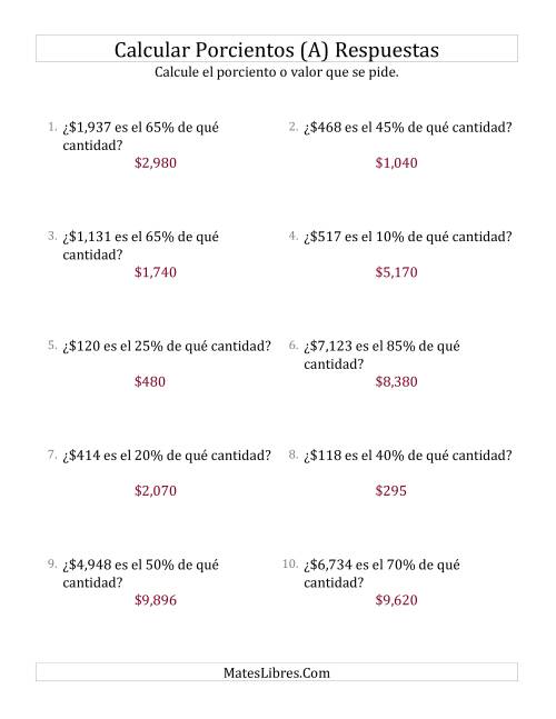 La hoja de ejercicios de Calcular la Cantidad Original de Dinero (Enteros, Incrementos de 5%) (Todas) Página 2