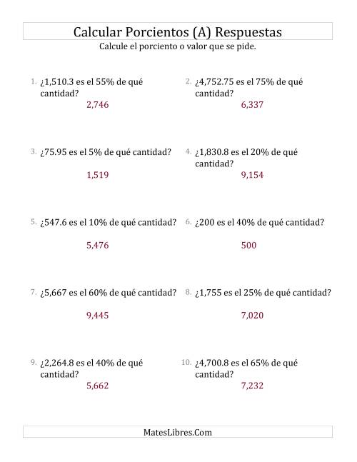 La hoja de ejercicios de Calcular la Cantidad Original (Decimales, Incrementos de 5%) (A) Página 2
