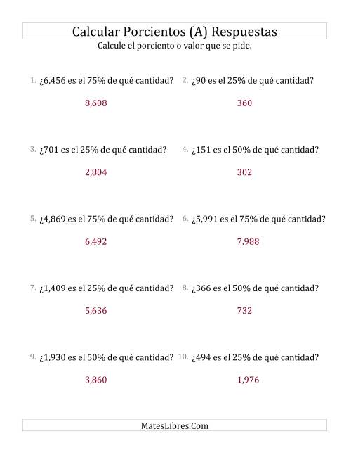 La hoja de ejercicios de Calcular la Cantidad Original (Enteros, Incrementos de 25%) (A) Página 2