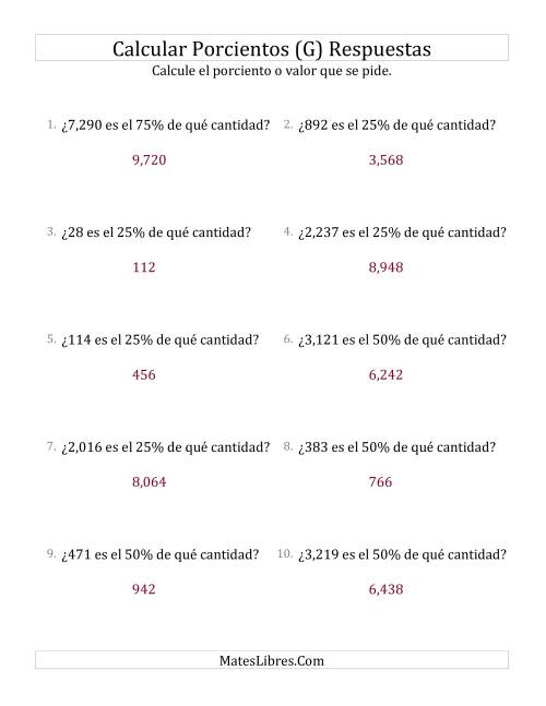 La hoja de ejercicios de Calcular la Cantidad Original (Enteros, Incrementos de 25%) (G) Página 2