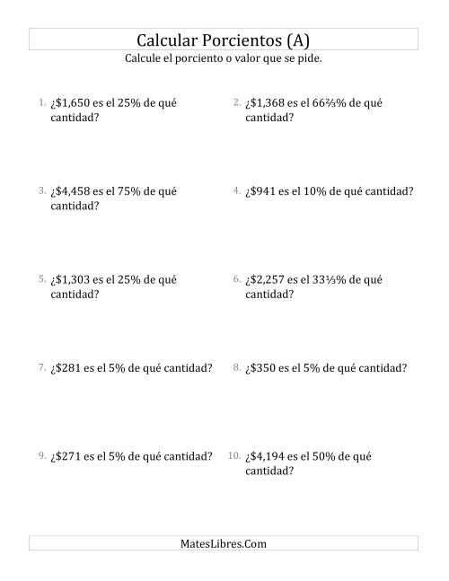 La hoja de ejercicios de Calcular la Cantidad Original de Dinero (Enteros, Incrementos de Porcientos Selectos) (A)