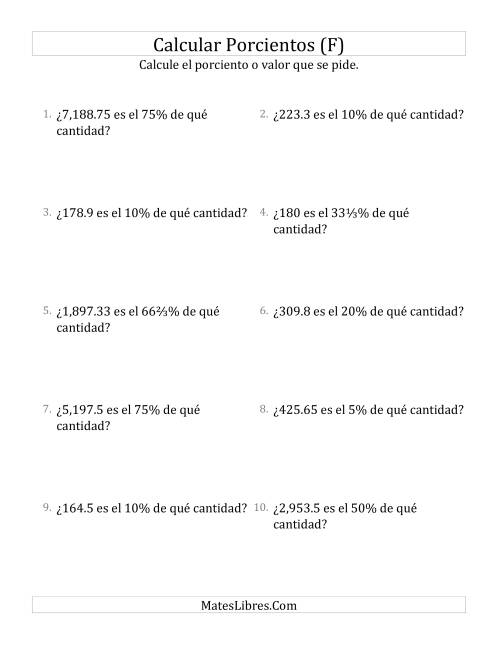 La hoja de ejercicios de Calcular la Cantidad Original (Decimales, Incrementos de Porcientos Selectos) (F)