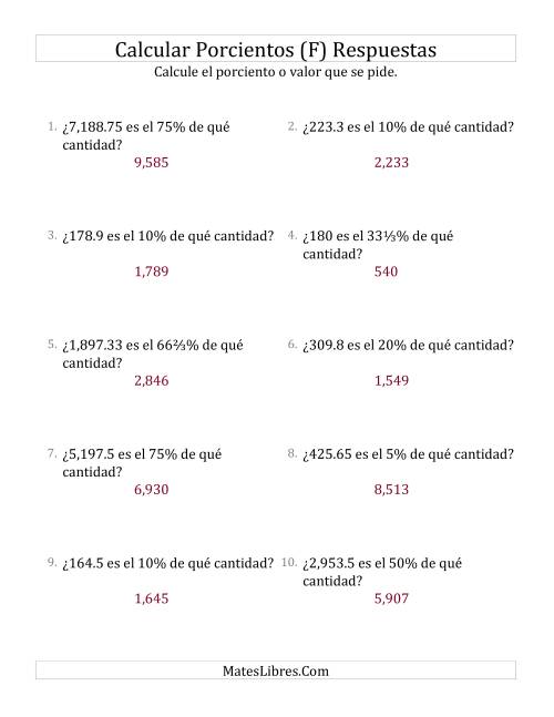 La hoja de ejercicios de Calcular la Cantidad Original (Decimales, Incrementos de Porcientos Selectos) (F) Página 2