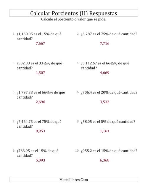 La hoja de ejercicios de Calcular la Cantidad Original (Decimales, Incrementos de Porcientos Selectos) (H) Página 2