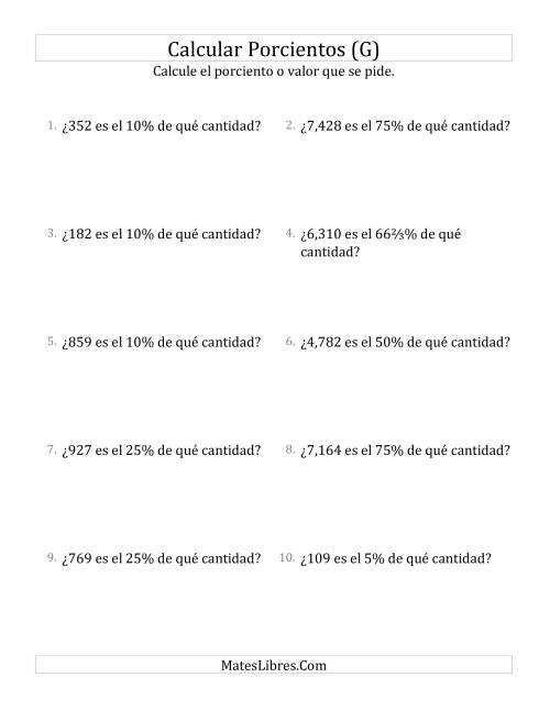La hoja de ejercicios de Calcular la Cantidad Original (Enteros, Incrementos de Porcientos Selectos) (G)