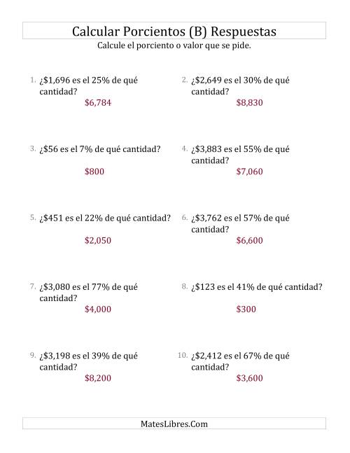 La hoja de ejercicios de Calcular la Cantidad Original de Dinero (Enteros, Incrementos entre 1% y 99%) (B) Página 2