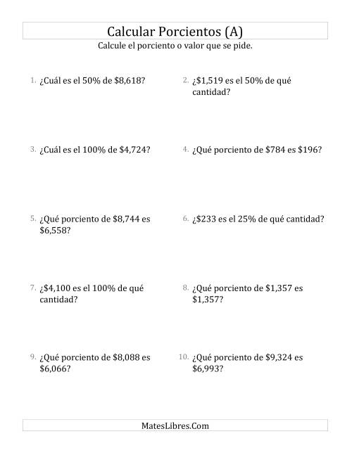 La hoja de ejercicios de Cálculos Mixtos de Porcientos con Dinero (Enteros, Incrementos de 25%) (A)