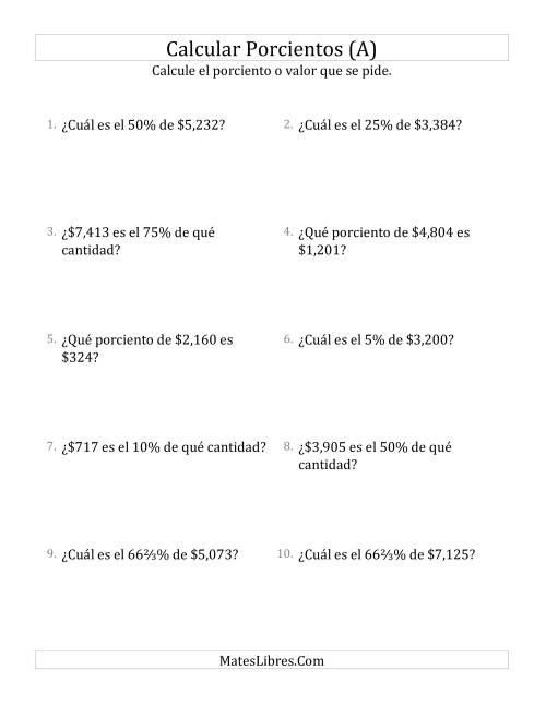 La hoja de ejercicios de Cálculos Mixtos de Porcientos con Dinero (Enteros, Incrementos de Porcientos Selectos) (A)