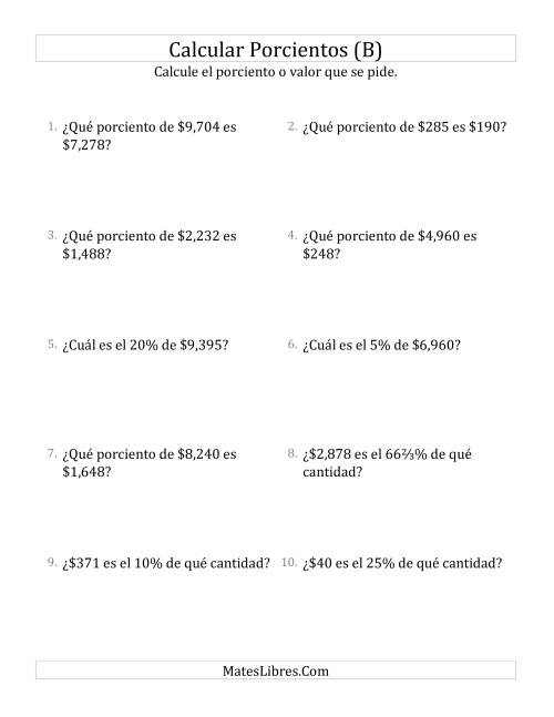 La hoja de ejercicios de Cálculos Mixtos de Porcientos con Dinero (Enteros, Incrementos de Porcientos Selectos) (B)