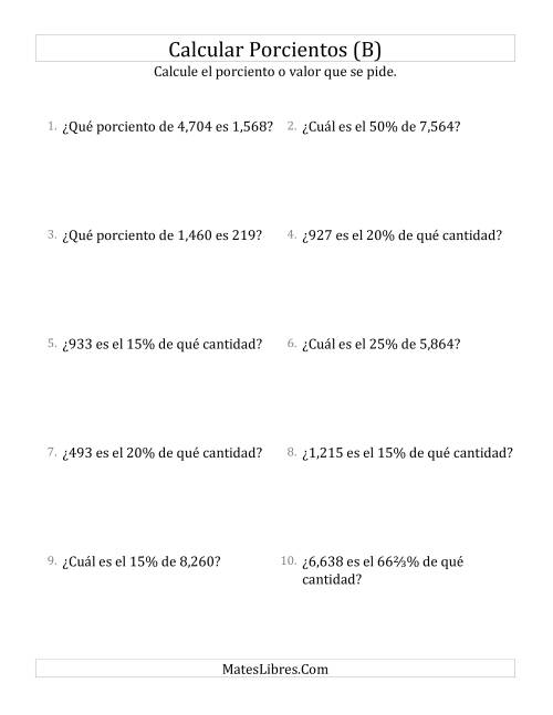 La hoja de ejercicios de Cálculos Mixtos de Porcientos (Enteros, Incrementos de Porcientos Selectos) (B)