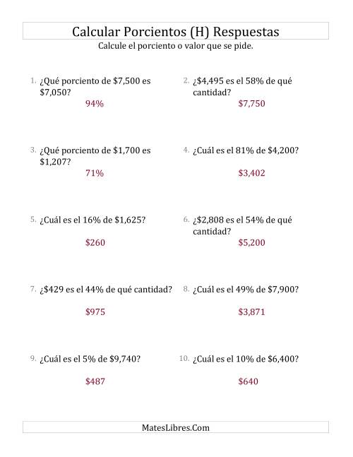 La hoja de ejercicios de Cálculos Mixtos de Porcientos con Dinero (Enteros, Incrementos entre 1% y 99%) (H) Página 2