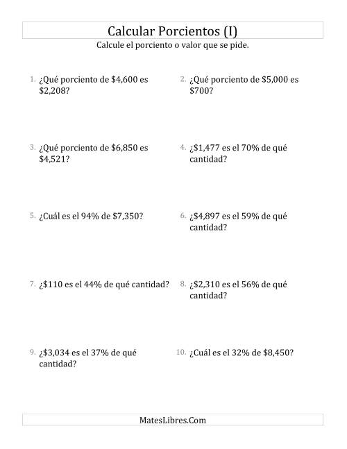 La hoja de ejercicios de Cálculos Mixtos de Porcientos con Dinero (Enteros, Incrementos entre 1% y 99%) (I)